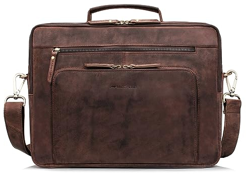 MARC PETER® Laptoptasche Auckland 15,6 Zoll Leder I Umhängetasche für Laptop I Aktentasche für Notebook I Tasche für Damen und Herren Dunkel Braun Buffleder
