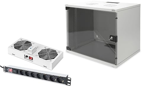DIGITUS Set: Armario de Red 19 9U + Ventilador de Techo + regleta // Rack 19 - Sin Montar - Montaje en Pared - Profundidad 400 mm - Capacidad de Carga 60 kg - Profundidad útil 170-270 mm - Gris