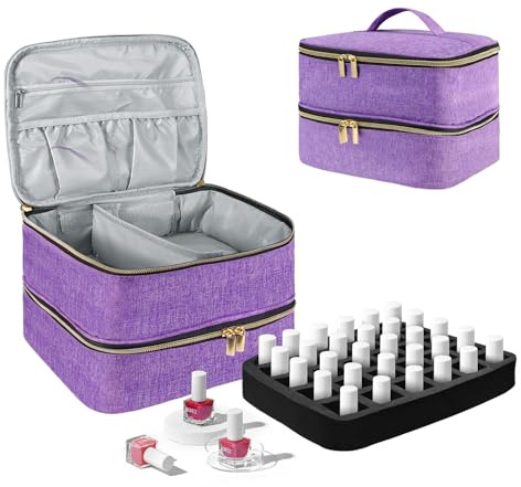 BOHEMIABY Doble Capa Organizador Pintauñas, Maletin Manicura para 30 Botellas (15ML) y Lampara Uñas Semipermanentes, Compartimento Extraíble como Organizador de Maquillaje-Púrpura