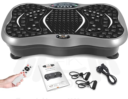 FK Sports Vibration Plate Exercise Machine, Vibration Fitness Trainer with Bluetooth Speaker, Remote, 99 Intensity Levels, 5 Programs, 2 Resistance Bands Speed Adjustable For Body Workout (Grey)