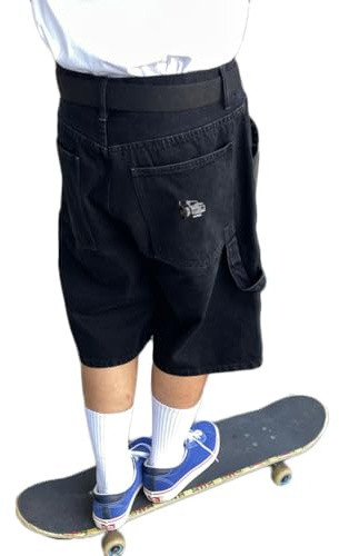 ORANDESIGNE Pantaloncini Uomo Jeans Corti Gamba Larga Hipster Baggy Jeans Streetwear Hip Hop retrò Pantaloni da Skate J Nero XXL