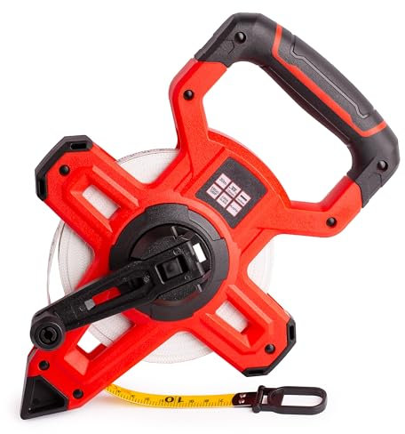 MIVOS Mètre enrouleur ouvert 30m x 15mm - Mètre ruban en fibre de verre - Graduation- Entraînement rapide du ruban - Boîtier plastique ABS - Mètre ergonomique & antidérapant