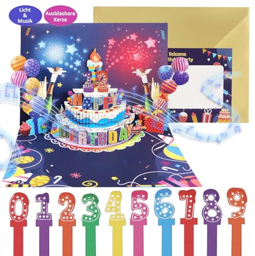 Tarjeta Regalo 3D,Tarjeta Cumpleaño s Pop Up,Tarjeta Felicitacion Cumpleaños Con Musical y Luz,Postal Cumpleaños Mujeres Hombrescon Sobres y Tarjeta Mensaje,Diseño Divertido Regalos Cumpleaño s Niños