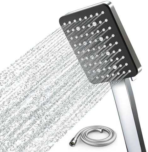 Newentor Shower Head and Hose[TESTSIEGER], High Pressure Shower Head with 6 Modes, Universal Water Saving Large Showerhead with 1.5M Hose, Silver-Black