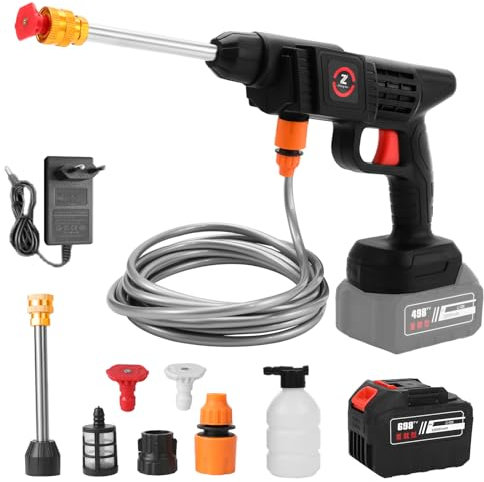 Eznaobo Limpiador de alta presión inalámbrico, 21 V, 50 bar, con batería, portátil, con manguera de espuma, para limpieza y riego (1 batería de 4,5 Ah)