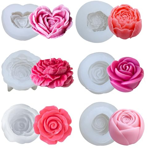 Stampi per Candele In Silicone, 6 Pezzi stampo candele stampi In silicone Per Fiori,Fiore Di Fondente Stampo a Forma,Silicone Per Fiori di Rose per Torta Cioccolato Sapone Candela Ice Cube