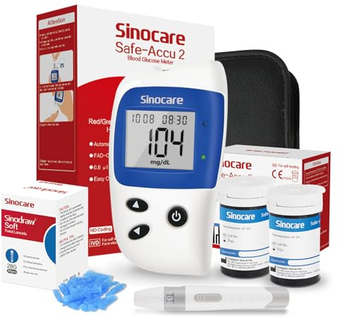 sinocare Medidor Glucosa en Sangre, Kit Prueba Glucosa en Sangre Glucometro 50 x Tiras Prueba Glucosa en Sangre y Dispositivo de Punción (Safe-Accu2)