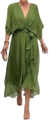 Vestidos Midi de Gasa con Escote en V Profundo y Fluido para Mujer, Elegante Vestido de Gasa Liso, Sexy, de Manga Corta en V, Vestido Midi Plisado de Corte A para invitada de Boda.