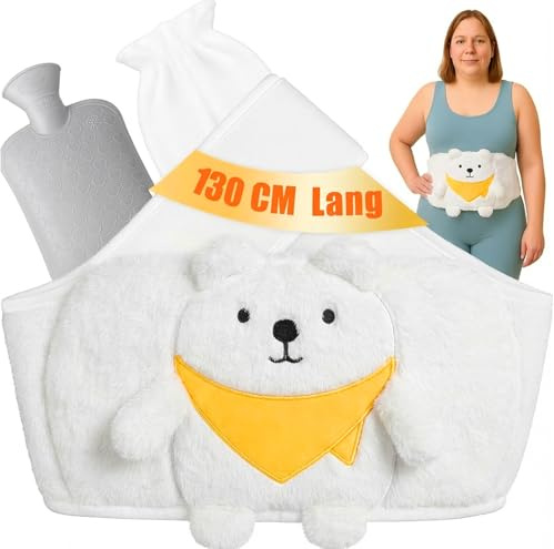 Cinturón para botella de agua caliente de 130 cm, diseño de oso 3 en 1 con cinturón, funda mullida y bolsa de agua caliente, ideal para espalda, abdomen, hombros, cuello y piernas