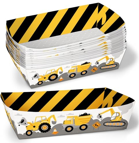 Big Dot of Happiness Construction Party Paper Food Trays, Disposable Food Boats, Boys Construction Truck Birthday, Double-Sided Paper Meal Holders for Nachos, Hot Dogs, French Fries - 12 Ct