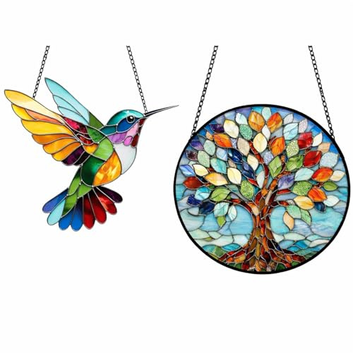 THXFUNAREA Acchiappasole Decorativo 2 Pezzi da Finestra – Colibrì Stile Vetrata Colorata e Albero della Vita Rotondo, Decorazione Luminosa per Casa, Giardino e Balcone