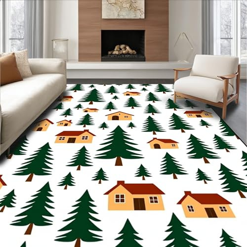 Design&I Low Pile Flatwoven Area Rug 5x7, Winter Wonderland DIY Punch Needle Kit with Seasonal Motifs, Machine Washable, Stain Resistant Indoor Rug for Living Room, Bedroom, Non Slip(Beige, 5x7, Pad)