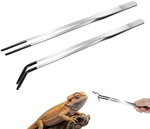 2 Pcs Reptile Feeding Tongs,Aquarium Tweezers, Stainless Steel Feeder Tweezers with Rubber Tips,Extra Long Tweezers Straight and Curved Tweezer,Terrarium Feeder Tools Accessories,Lizards Feeders,10.6