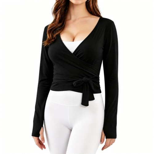 Baisdan Women Pilates Wrap Top Long Sleeve Ballet Yoga Tops Deep V Neck Tie Front Workout Shirts Y2K Gym Activewear Black S