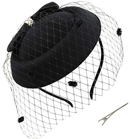 Umeepar - Cerchietto per Pillole, con Fiocco, per Donne, per Feste di tè, Matrimoni, con Clip per Capelli, Nero, Taglia Unica