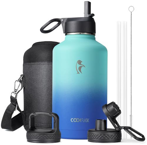 Insulated Water Bottle 64 oz with Straw & 3 Lids, Coolflask Half Gallon Water Jug Large Metal Stainless Steel Wide Mouth for Sports, Gym or Office, BPA-Free Keep Cold 48H Hot 24H, Pacific Prince