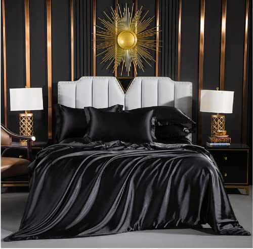 Luofanfei Satin Bettwäsche 135x200cm 4teilig Schwarz Glänzend Seide Einfarbig Bettbezug Set Glatt Luxus Schwarze Bettwäsche Set Microfaser Einzelbett mit Reissverschluss und Kissenbezüge 80x80 cm