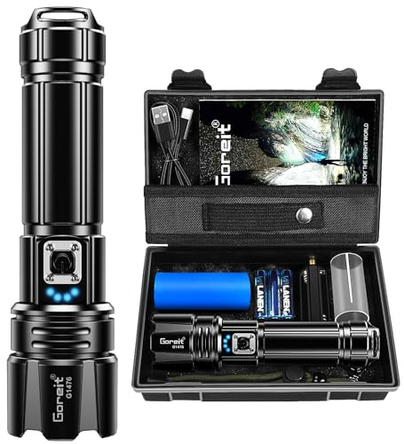 Goreit Super Bright LED Flashlight - 30W Output for 50000 Lumens & 3937ft Beam, USB-C Rechargeable with 12H Runtime, IP67 Waterproof Powerful Handheld Linternas for Home, Camping, Hiking, Emergency