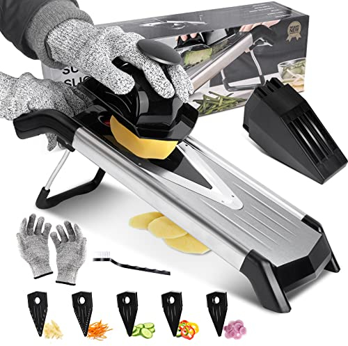 Masthome Mandoline Vegetable Slicer, 5-in-1 Adjustable Mandoline Food Slicer with V Blade Cutter, Multifunctional Julienne Slicer for Vegetables, Onions, Tomatoes, Includes Safe Gloves