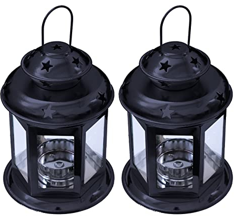 Paire de lanternes à bougie en verre antique à suspendre avec étoiles et cadre en métal - Lampe de nuit romantique pour Noël, fête de mariage - Emballage original (noir)