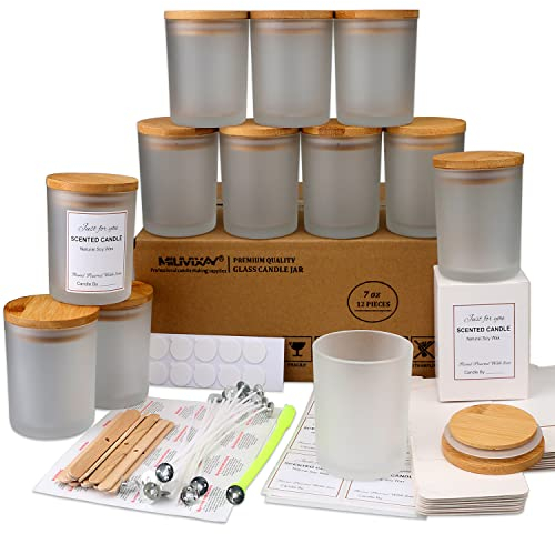 MILIVIXAY - Confezione da 12 barattoli per candele in vetro satinato, 355 ml, con coperchio e kit per la creazione di candele, vuoti, contenitori per spezie e polveri
