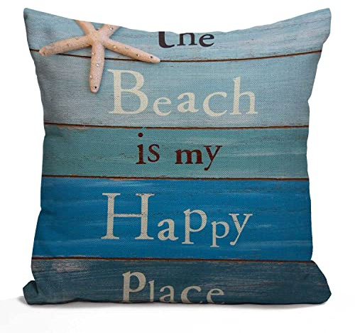 Tomda Cushion Cover The Beach Starfish and Summer is My Happy Place Rhinestone Decorative Throw Pillow Cover Home Decor Square 45x45cm 18x18 Inch Pillowcases