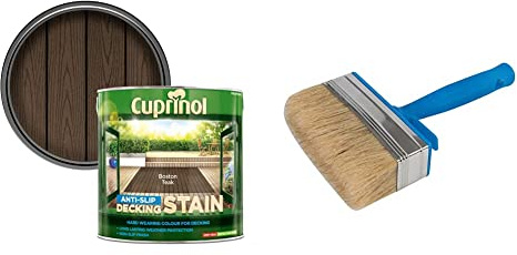 Cuprinol 5092617 2.5L anti slip Decking Stain Boston Teak & Silverline 394974 Block Brush, Blue, Silver, Beige, 115 mm / 4-1/2