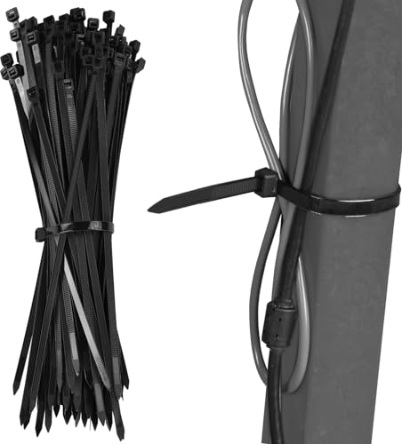 Kabelbinder Set, 100 Stück Kabelbinder Schwarz Set, 300 mm x 7,6 mm Kabelbinder Wiederverwendbar Nylon UV Beständig Halter Stark, Cable Ties für Zur Ordnung von Kabeln Gartenarbeit im Büro der Garage