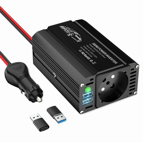 BGFOX 300W Spannungswandler DC 12V auf 230V AC Wechselrichter Modifizierte Sinus Stromumwandler mit 4.8A-Dual-USB-Anschluss, Laden Sie Ihr Laptop, iPhone, iPad, Tablet Und Mehr - Schwarz
