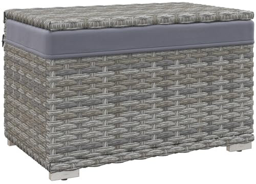 Outsunny Baule da Giardino in Rattan PE, Cassapanca da Esterno con Piedini Antiscivolo e Rivestimento Interno in Tessuto Impermeabile, 76x45x48cm, Grigio