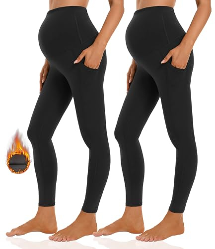 Gowjog 2 Packs Leggings De Maternité en Laine Polaire Taille Haute Opaque Legging Grossesse Elastique avec Poches Maison Yoga Sport (Noir/Noir,L)