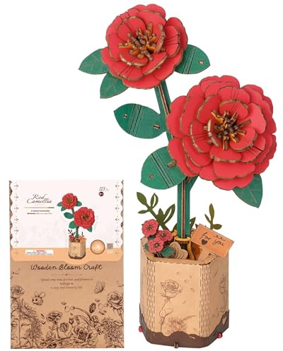 ROBOTIME 3D-pussel röd kamelia, konstgjorda blommor i trä modellkit för vuxna att bygga, heminredning tillbehör vardagsrum, gåvor för kvinnor på alla hjärtans dag