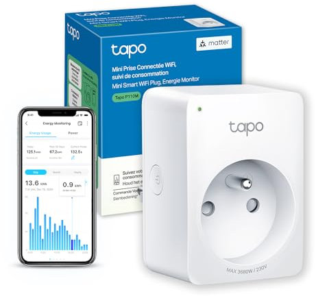 Tapo Matter Prise Connectée WiFi, Suivi de consommation, 16A Type E, Fonctionne avec Alexa, Contrôler le radiateur, le chauffage, Économie d'énergie, Tapo P110MA(FR)