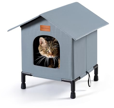 Insulated Cat Shelter Weatherproof Outdoor Cat House with Self-Warming Insulation Raised Bottom and Waterproof Roof for All-Season Protection (Grey, Medium)
