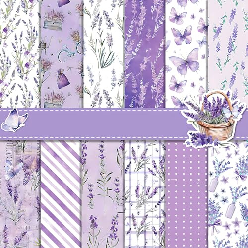 Scrapbook - Carta per scrapbooking, motivo floreale, 30 x 30 cm, con motivo lavanda e farfalla, 24 fogli di carta decorativa