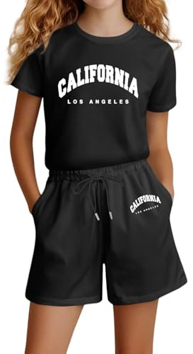 T-Shirt e Pantaloncini Bambine Ragazze 2 Pezzi Estivo Tuta Corti Comodo Tute da Ginnastica Jogging Fitness Tuta da Sportivo in Cotone Abbigliamento da Bambina per il Tempo (01-Black, 11-12 Years)
