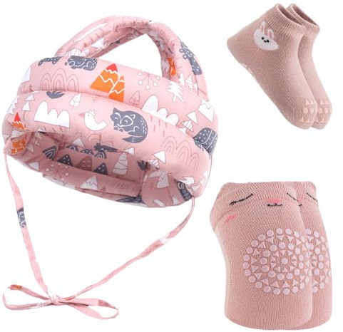 Culinavog Caschetto Primi Passi per Bambini con Ginocchiere e Calzini Antiscivolo,Casco Neonato Regolabile,Adatto ai Bambini Piccoli per Imparare a Gattonare, Camminare e Giocare (Rosa)