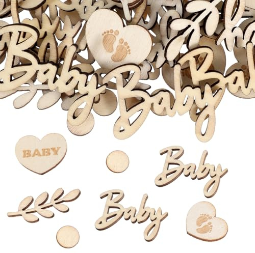 Tyqour Decoración de mesa de madera para baby shower, 70 unidades de confeti de madera con patrones de hojas de salvia y lunares, decoración de mesa para baby shower, fiesta de género, etc