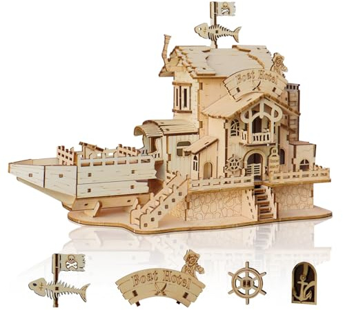Cuteefun 3D Puzzle Trä, Trä Mekanisk Byggsats, Artigianato Unico, Decorazioni, Kreativa Gåvor för Födelsedag, Jul och Halloween (Boat Hotel)