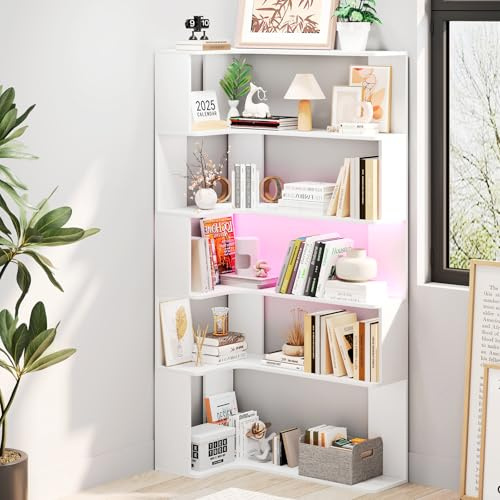 Saitedudu Bibliothèque à 5 étages avec éclairage LED, étagères d'angle en Bois, bibliothèques en L et vitrines 90x48x170cm (Blanc)