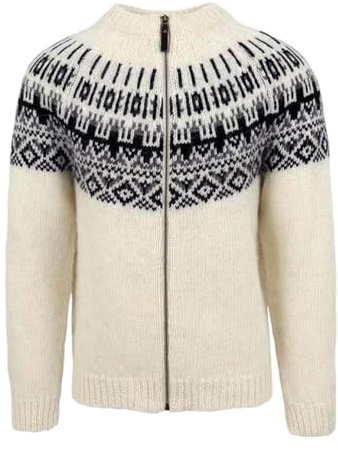 Generisch Chaqueta de punto para hombre con estampado noruego - Chaqueta de lana forrada con cremallera y cuello alto | Jersey tradicional islandés para el invierno, S