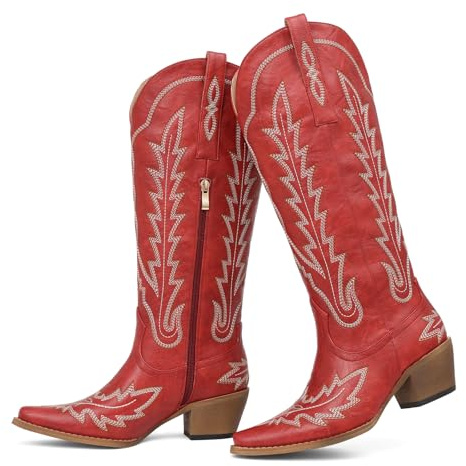 mikarka Western Cowboy Boots for Women Cowgirl Knee High Boots Pointed Toe Chunky Heel Faux Leather & Suede Vintage Classic Tall Boots