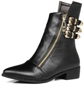 Genérico Mujer Botines De Tobillo En Cuero Sintético con Hebilla Dorada Y Cremallera Punta Fina Tacón Cuadrado Cómodos Antideslizantes Resistentes para Fiesta Noche Calle Moda,Negro,41 EU