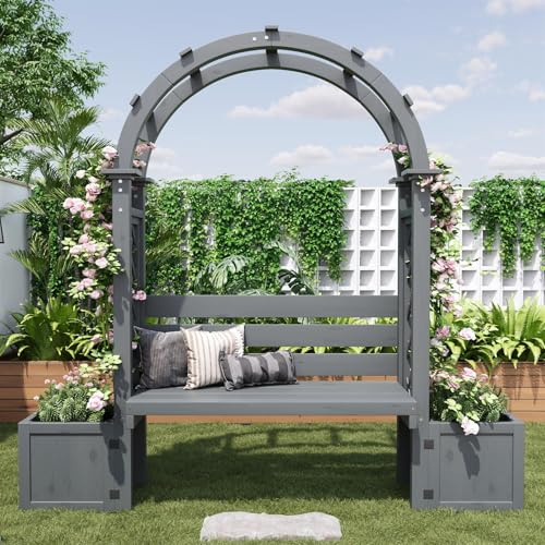 Mixtric Vaso Fiori, Contenitore per Piante con Supporto Griglia, Vaso Grande Fiori, Cassetta per Fiori/Cassetta per Piante, Vaso Fiori con Griglia e Panchina per Giardino, Cortile, Terrazza,Grigio
