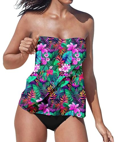 APGLSXY Axelbandslösa badkläder tankini set Bandeau topp och botten kvinnors axelbandslösa tankini Bandeau badtopp med botten