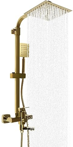 Grifo de ducha dorado, moderno sistema de ducha de latón cepillado con ducha de lluvia y ducha de mano, columna de ducha ajustable, juego completo para baño, montaje en pared, ideal para hotel y hogar