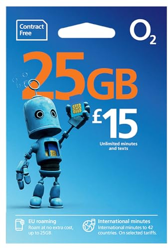 O2 SIM Card UK & Europe Prepaid PAYG with 25GB data, unlimited minutes & text bundle for 30 days - worth £15