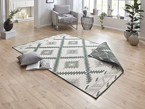 NORTHRUGS In- und Outdoor Teppich Malibu 160x230cm - Wendeteppich Wetterfest Modern Geometrisches Muster Läufer für Balkon Terrasse Garten Wintergarten Wohnzimmerteppich Wasserfest in Grün Creme
