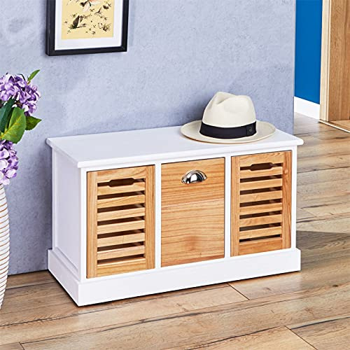 IDIMEX Banc de Rangement TRIENT Meuble Bas Coffre avec 3 caisses de Rangement, en MDF et Bois de Paulownia Finition Blanc et Bois Naturel, Style Vintage Maison de Campagne