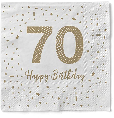 Sovie HORECA Tissue Serviette HAPPY BIRTHDAY 70, 33 x 33 cm, 3-lagig, 1/4 Falz, 100 Stück – Goldener Schriftzug und Konfetti auf weißem Hintergrund für den 70. Geburtstag
